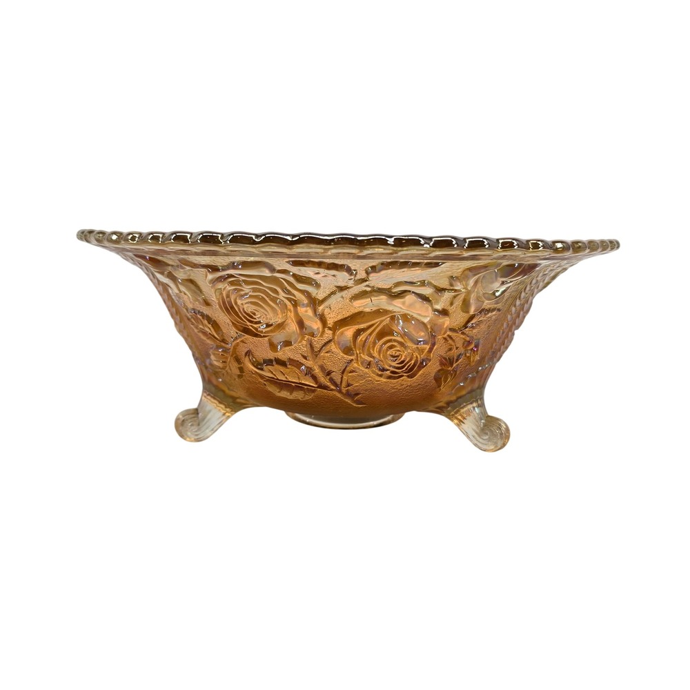 Imperial Glass Marigold Carnival Glass Lustre Rose 3 Footed Bowl 10.5 Inch